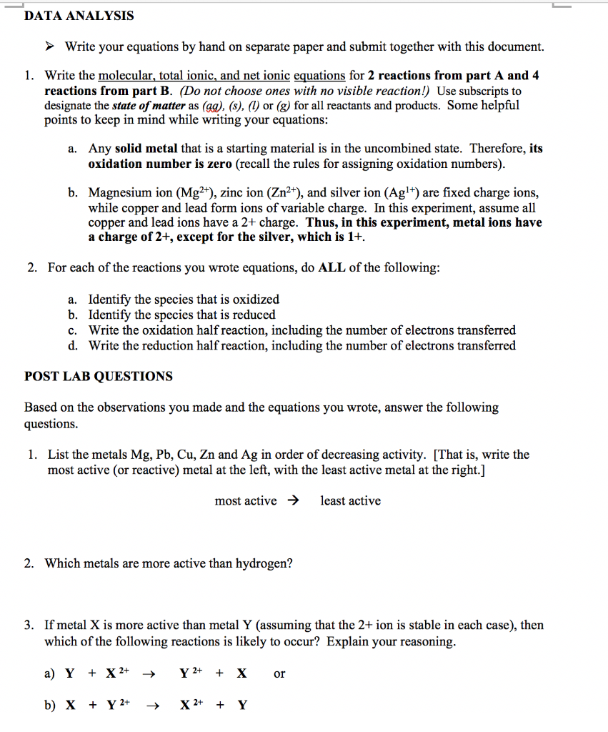 Solved Activity of Metals Lab Homework I need help with the | Chegg.com