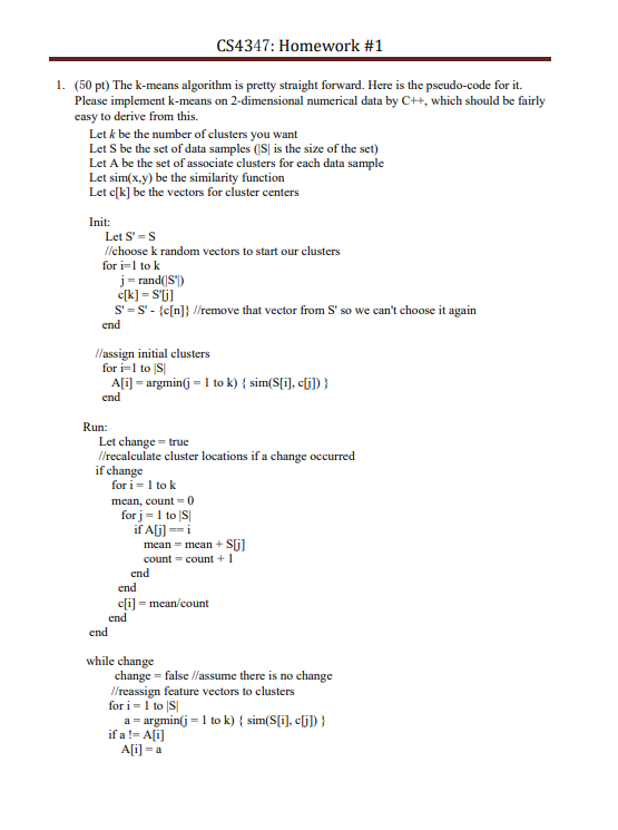 Solved CS4347: Homework # 1. (50 Pt) The K-means Algorithm | Chegg.com