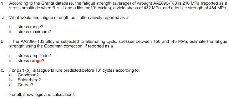 Solved 1. According to the Granta database, the fatigue | Chegg.com