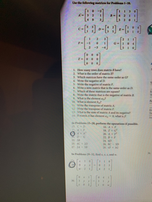 Solved Use the following matrices for Problems 1-28. 1 0 2 | Chegg.com