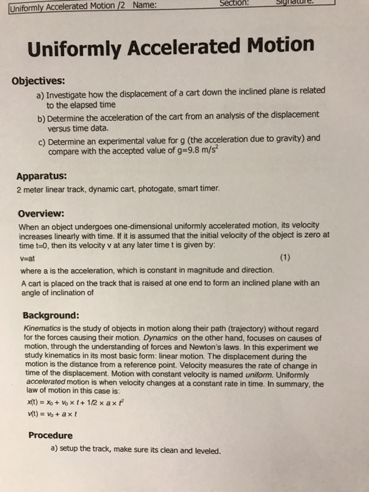 Solved Uniformly Accelerated Motion 2 Name Name Section