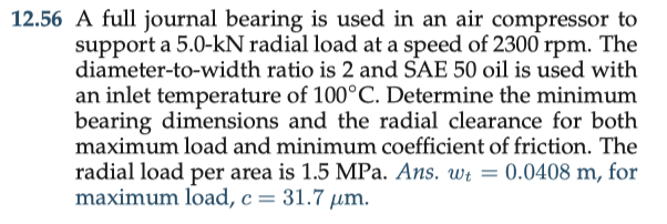 Solved 12.56 A full journal bearing is used in an air | Chegg.com