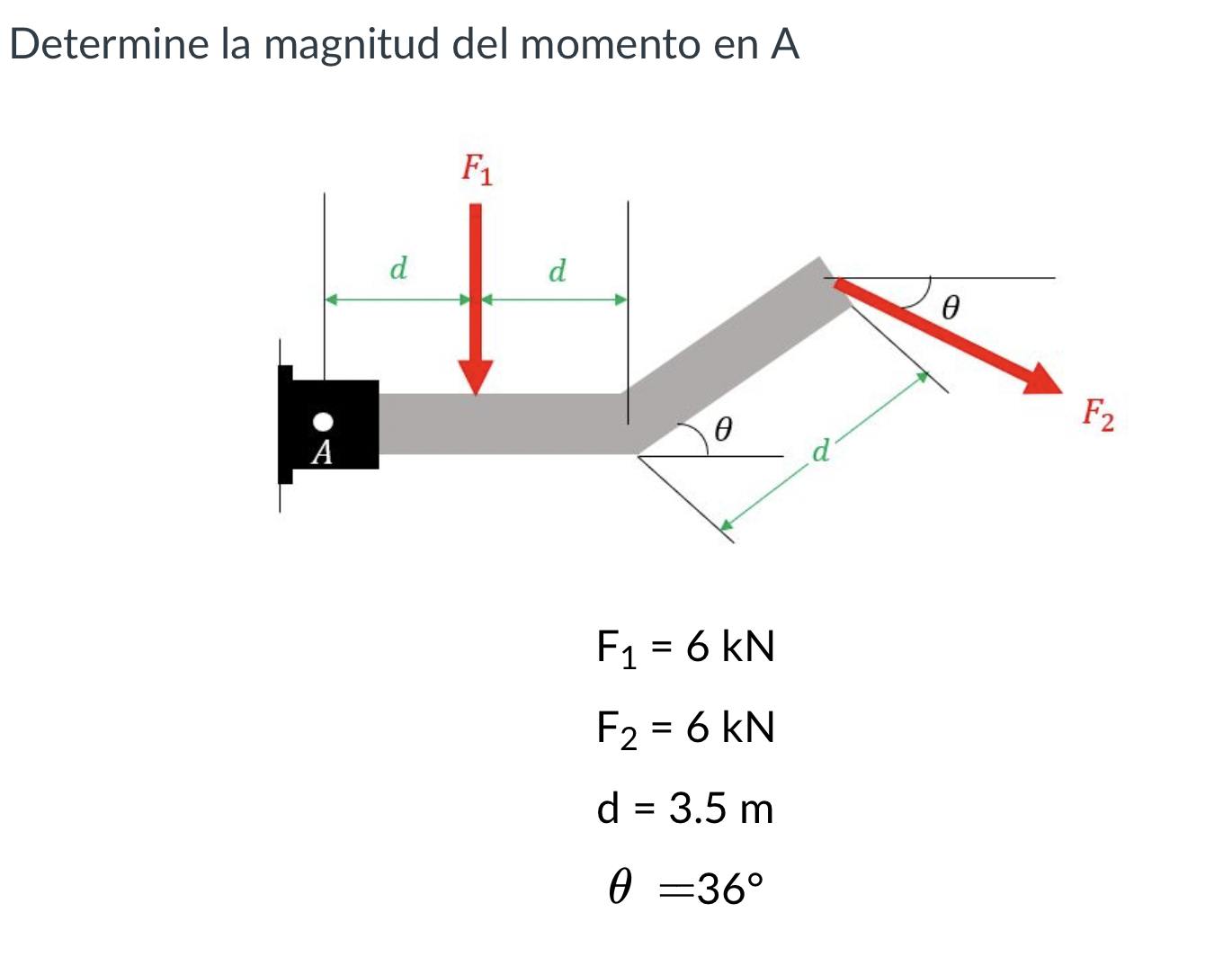 Determine la magnitud del momento en \( \mathrm{A} \) \[ \begin{array}{c} \mathrm{F}_{1}=6 \mathrm{kN} \\ \mathrm{F}_{2}=6 \m