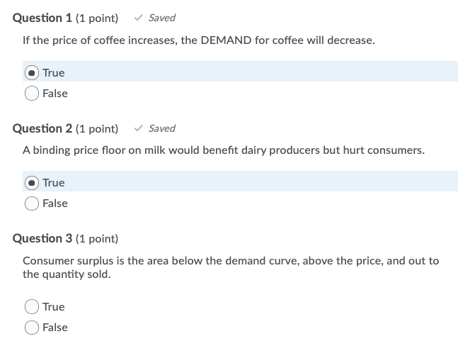Solved Question 1 1 Point Saved If The Price Of Coffee