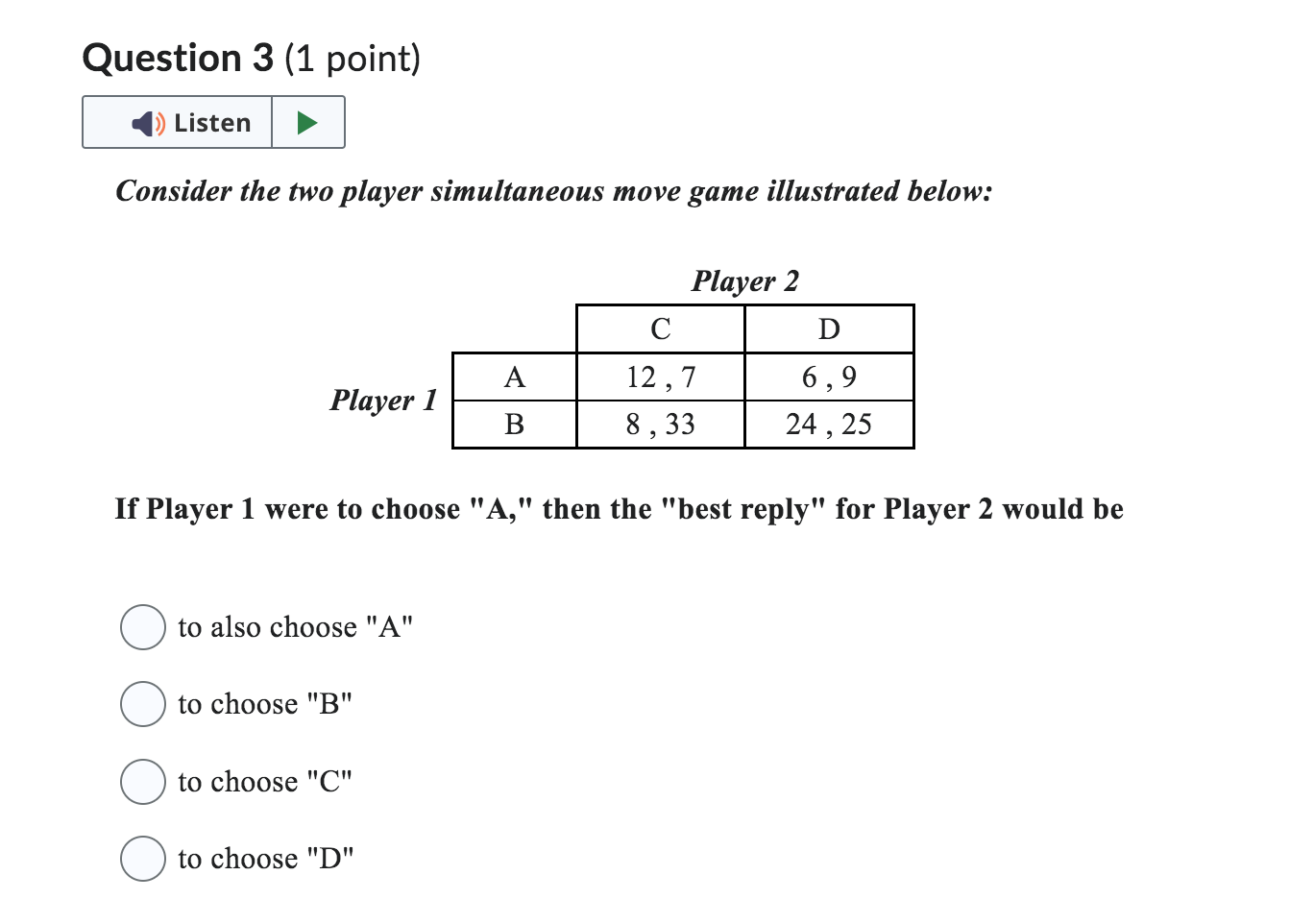 Solved Consider The Two Player Simultaneous Move Game | Chegg.com