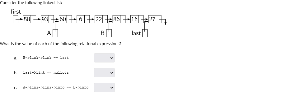 Solved Consider the following linked list: first C|| | Chegg.com