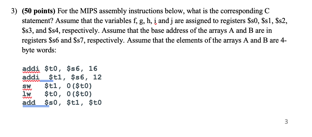 Solved 3) (50 points) For the MIPS assembly instructions | Chegg.com
