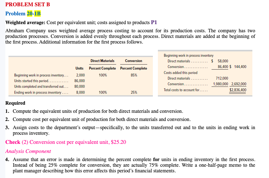 Solved PROBLEM SET B Problem 20-1B Weighted Average: Cost | Chegg.com