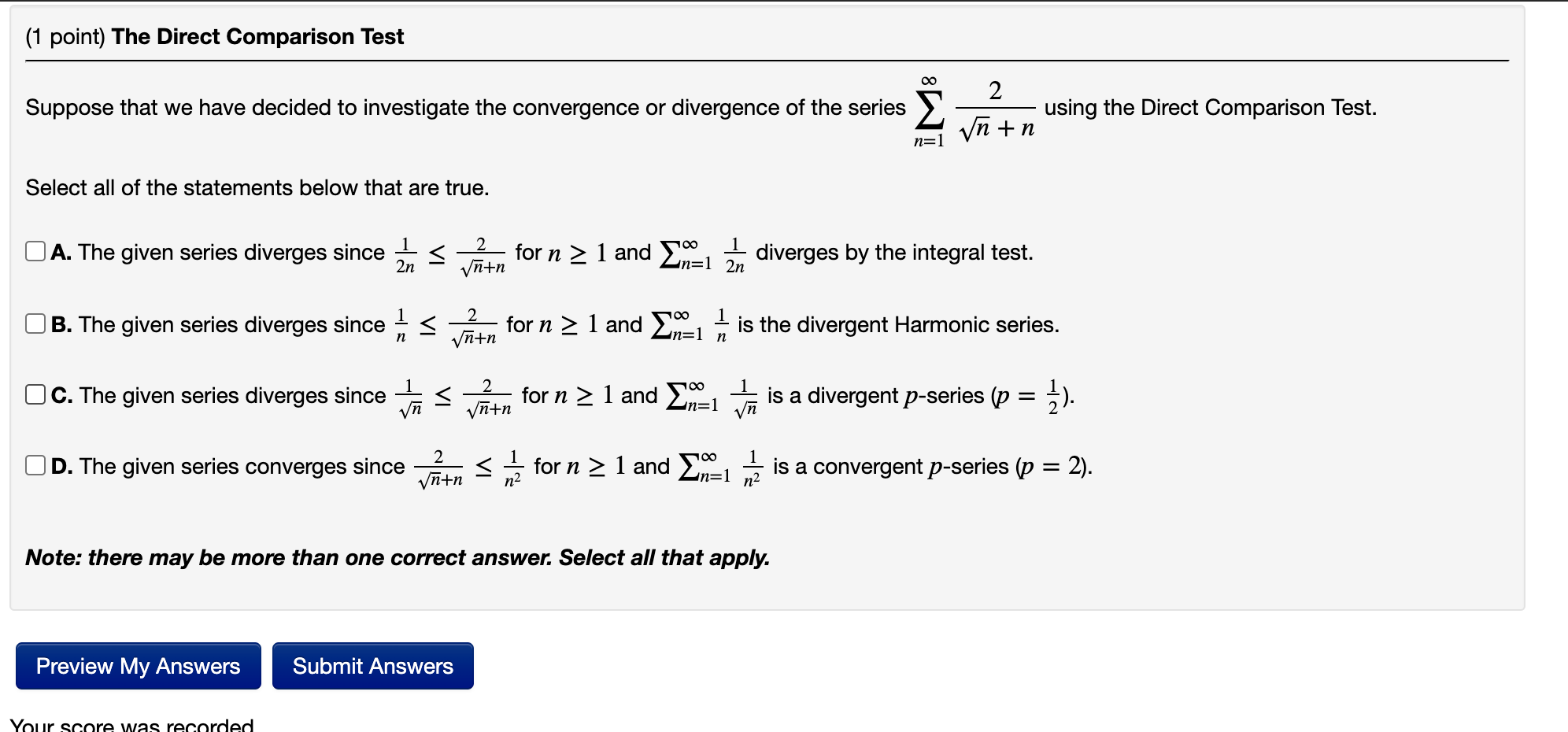 Direct Comparison Test Problem Using It Solved (1 point) The Direct Comparison Test 0 Suppose that | Chegg.com