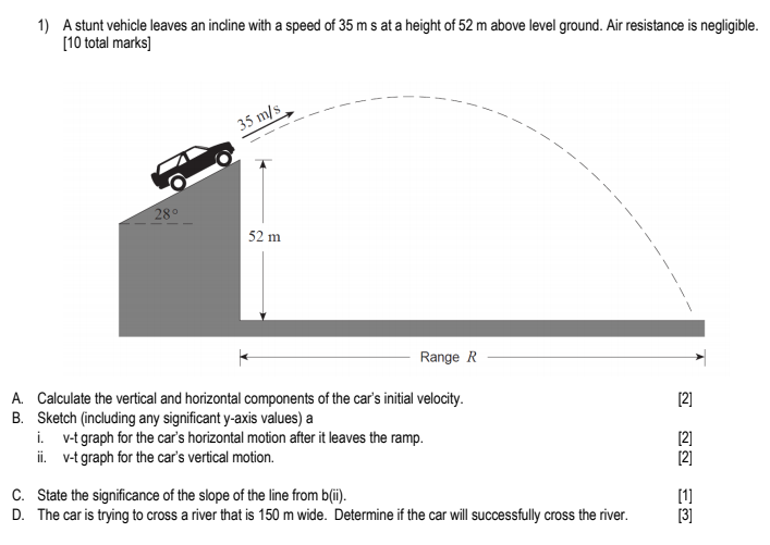 Solved 1) A stunt vehicle leaves an incline with a speed of | Chegg.com