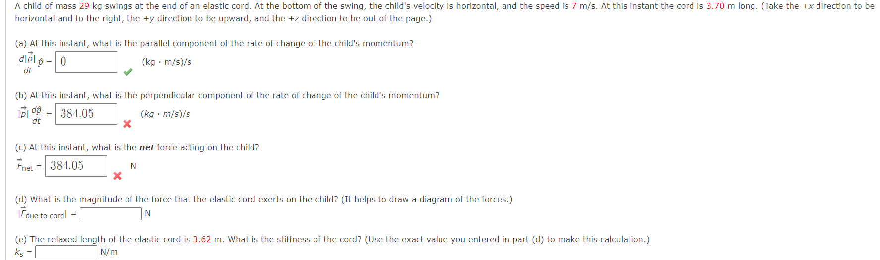 Solved A child of mass 29 kg swings at the end of an elastic | Chegg.com