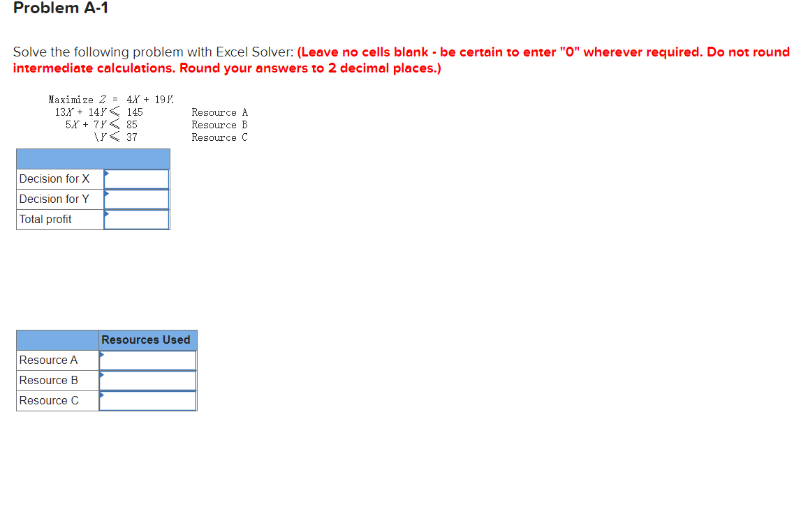 Solved Problem A-1 Solve the following problem with Excel | Chegg.com