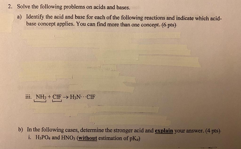 Solved 2. Solve the following problems on acids and bases. | Chegg.com