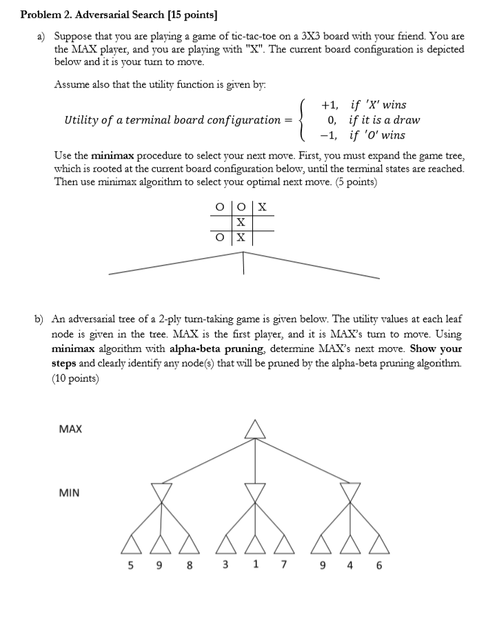 Solved Problem 2. Adversarial Search [15 points) a) Suppose | Chegg.com