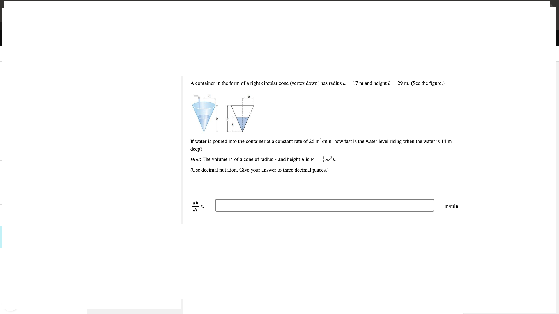 Solved A container in ﻿the form of ﻿a right circular cone | Chegg.com
