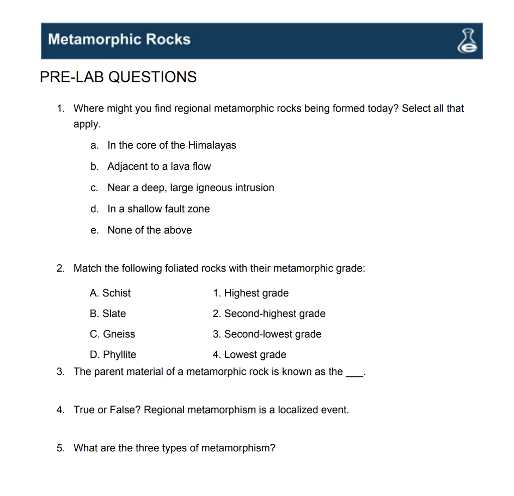 Solved Metamorphic Rocks Pre Lab Questions 1 Where Might Chegg Com