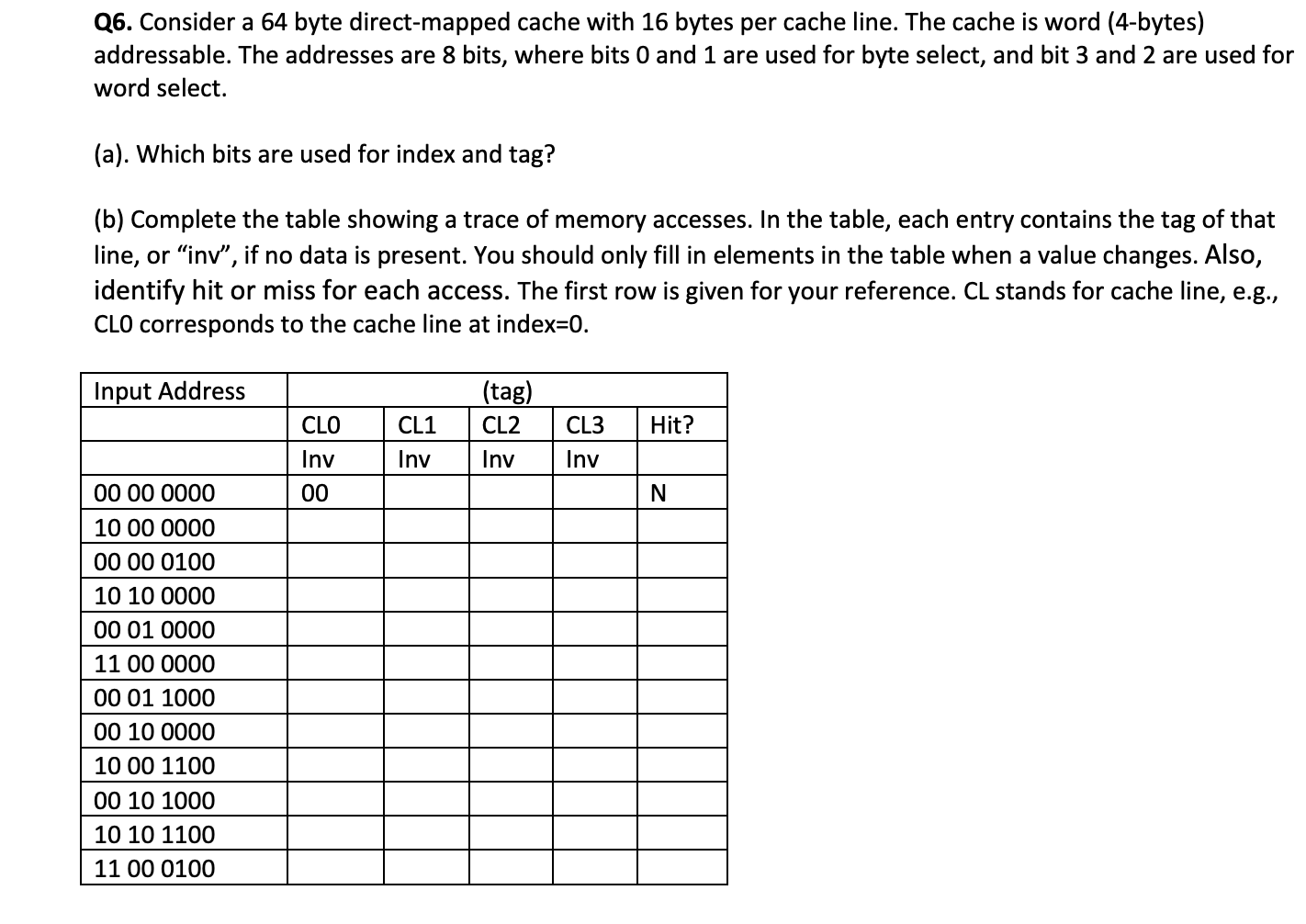 Solved Q6. Consider a 64 byte direct mapped cache with 16 Chegg