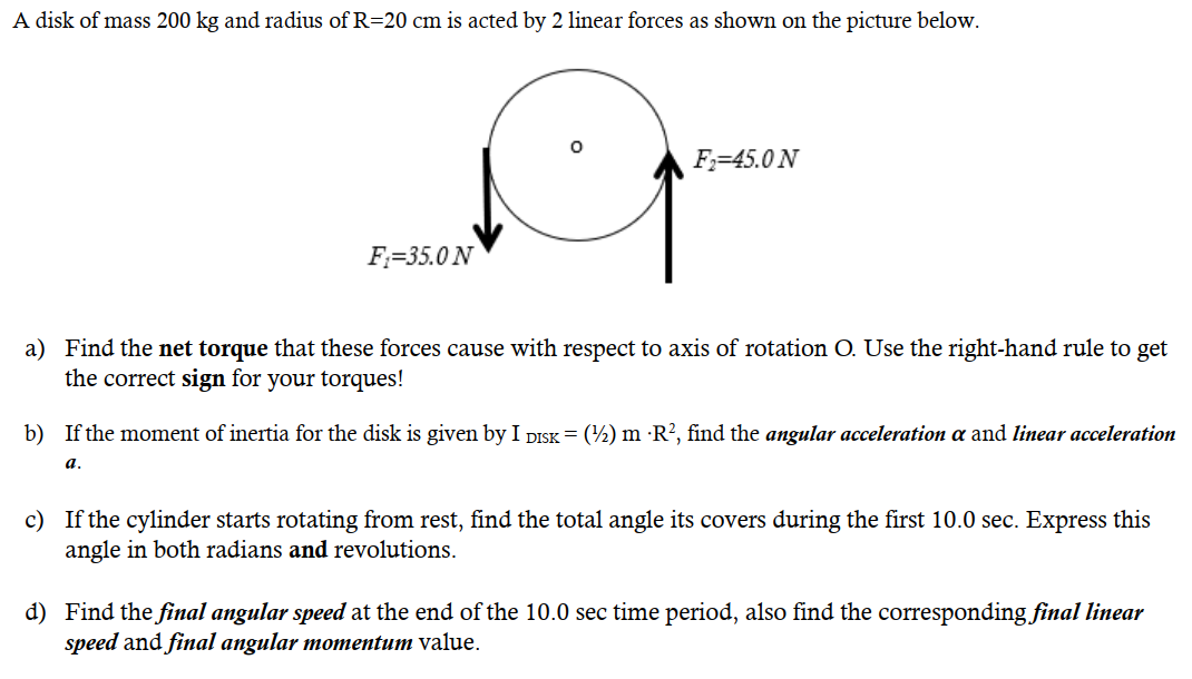 Solved A disk of mass 200 kg and radius of R=20 cm is acted | Chegg.com