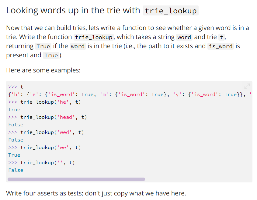 Solved Please write in Python. Thank you! t = {'h': {'e': | Chegg.com