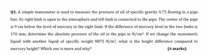 Solved Q1. A Simple Manometer Is Used To Measure The | Chegg.com