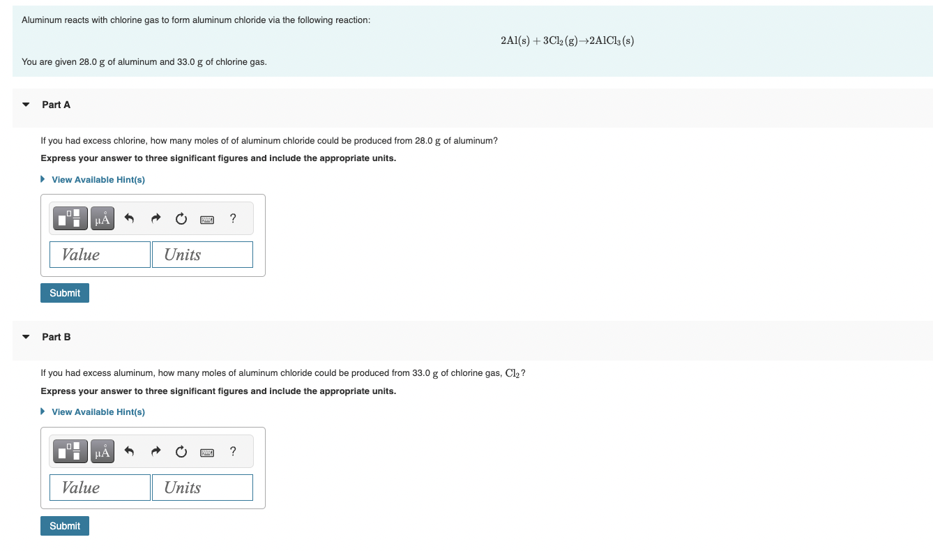 Solved Aluminum reacts with chlorine gas to form aluminum