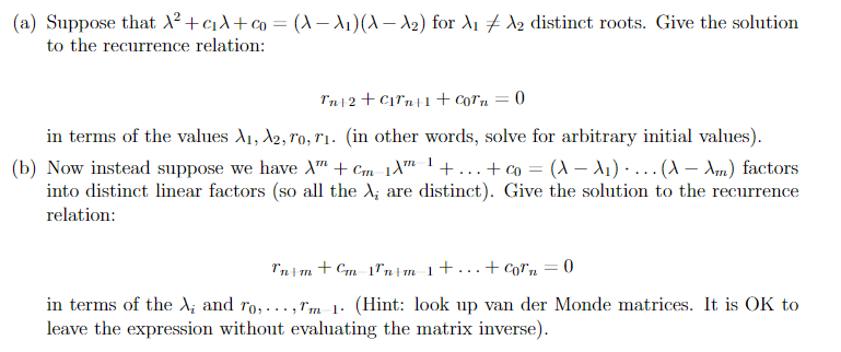 Solved a) Suppose that λ2+c1λ+c0=(λ−λ1)(λ−λ2) for λ1 =λ2 | Chegg.com