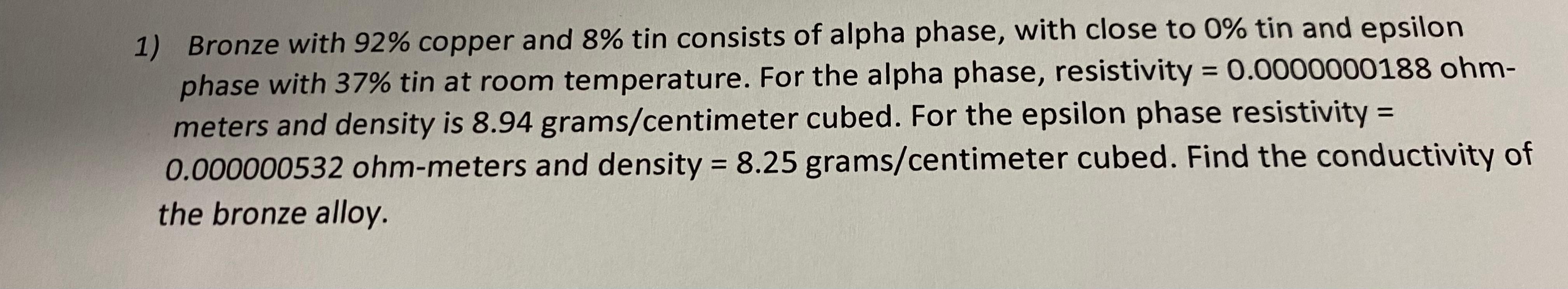 Solved 1) Bronze with 92% copper and 8% tin consists of | Chegg.com