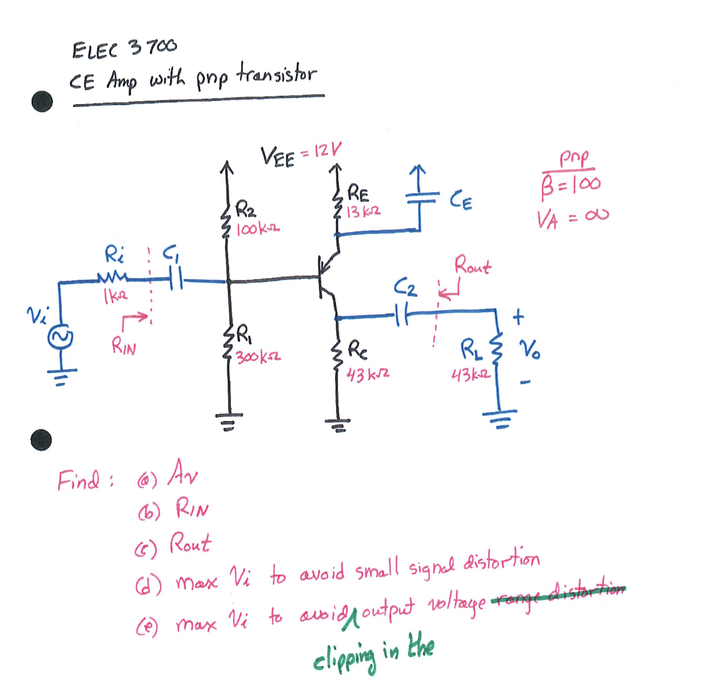 Solved ELEC 3700 CE Amp with pop transistor VEE = 12V GRE CE | Chegg.com