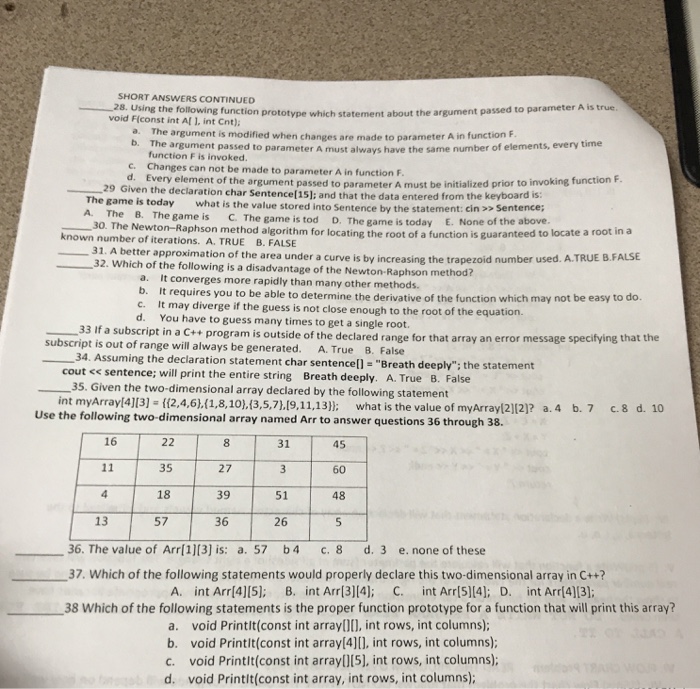 Solved SHORT ANSWERS CONTINUED 28. Using the following | Chegg.com