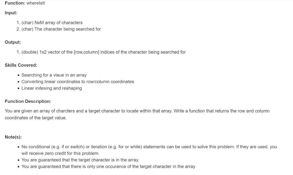 Solved Function: wherelslt Input: 1. (char) NXM array of | Chegg.com