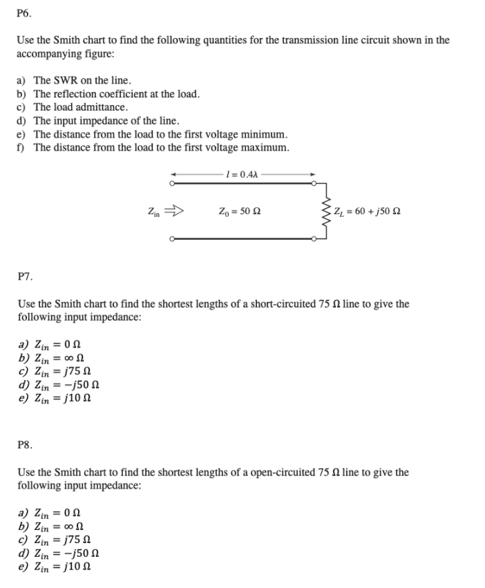 Solved P6. Use the Smith chart to find the following | Chegg.com