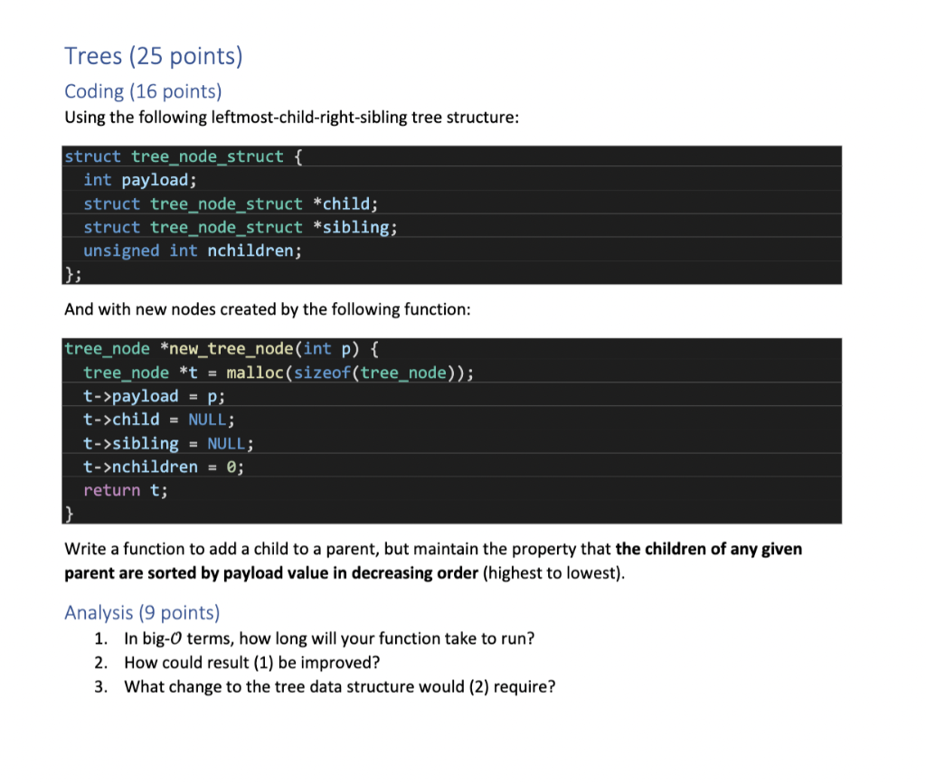 Solved Trees (25 points) Coding (16 points) Using the | Chegg.com