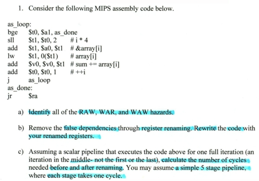 1. Consider the following MIPS assembly code below. | Chegg.com