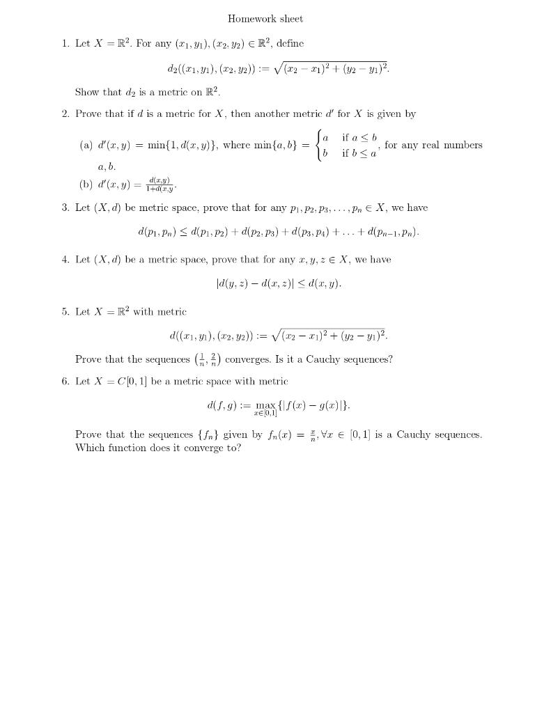 1. Let X=R2. For any (x1,y1),(x2,y2)∈R2, define | Chegg.com