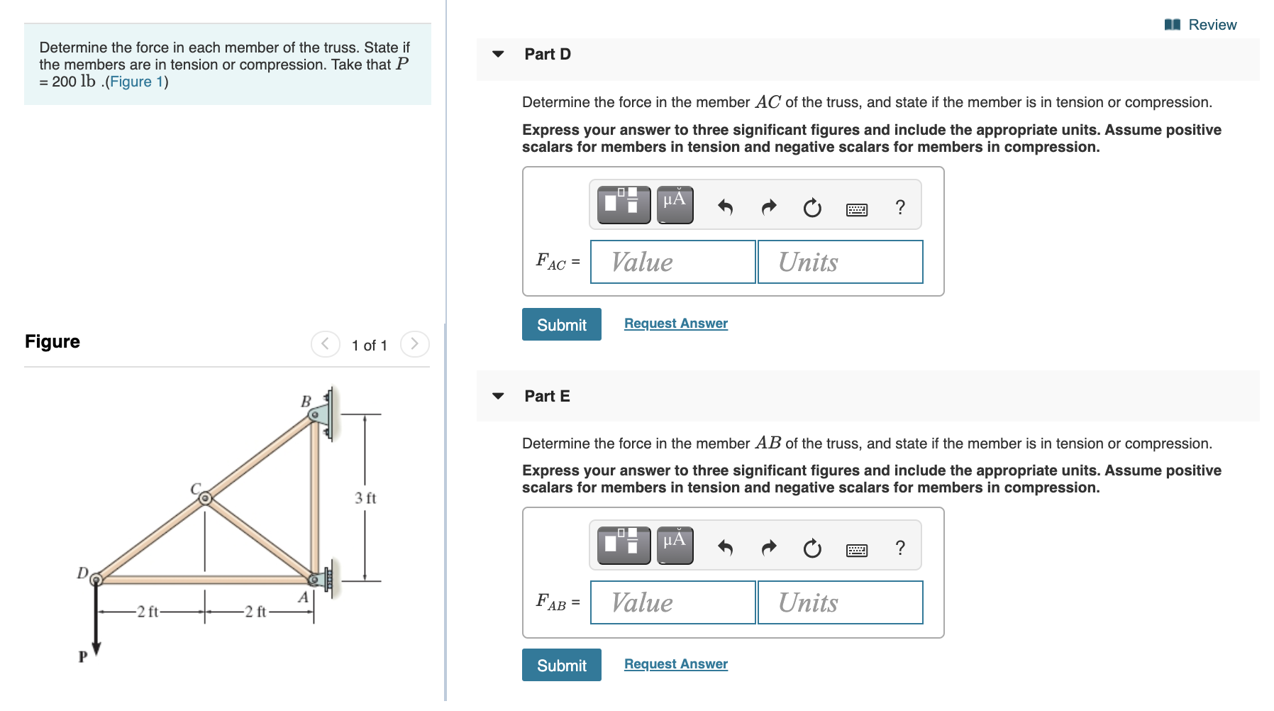 Solved 1 Review Determine the force in each member of the | Chegg.com