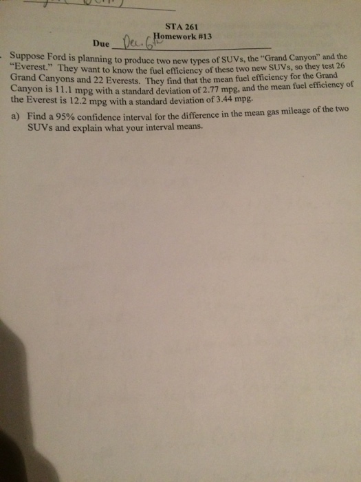 Solved STA 261 Due- Jeu . C Homework # 13 Suppose Ford is | Chegg.com