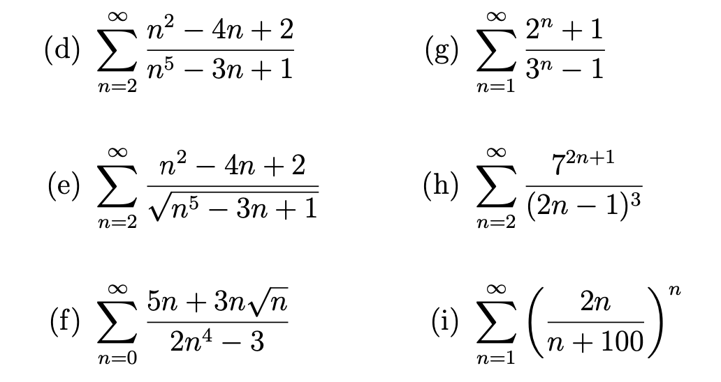 Solved (d) ?n=2?n5?3n+1n2?4n+2 (g) ?n=1?3n?12n+1 (e) | Chegg.com