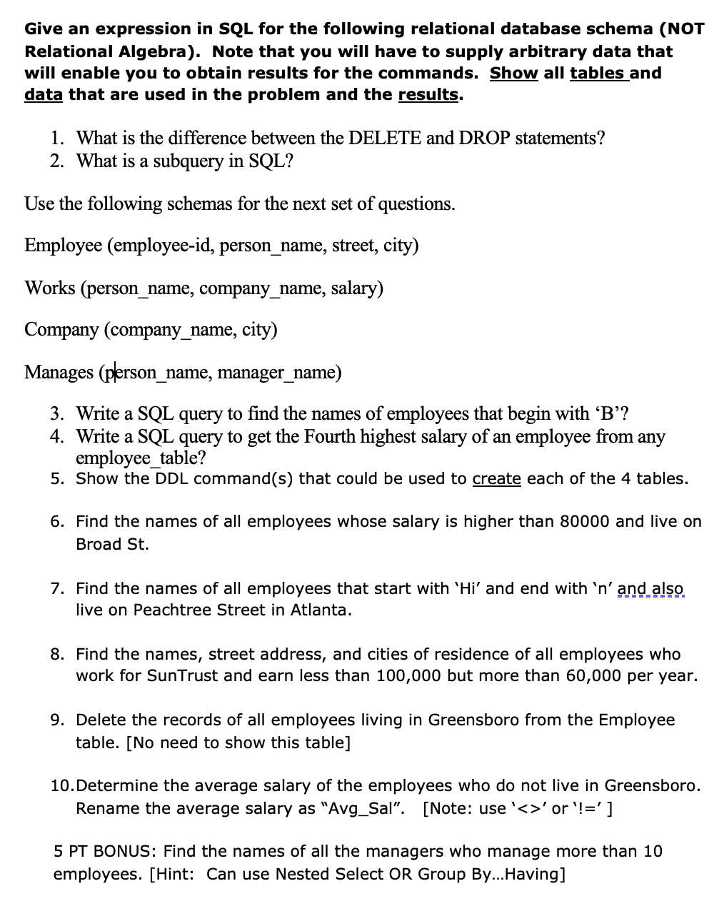 Give an expression in SQL for the following | Chegg.com