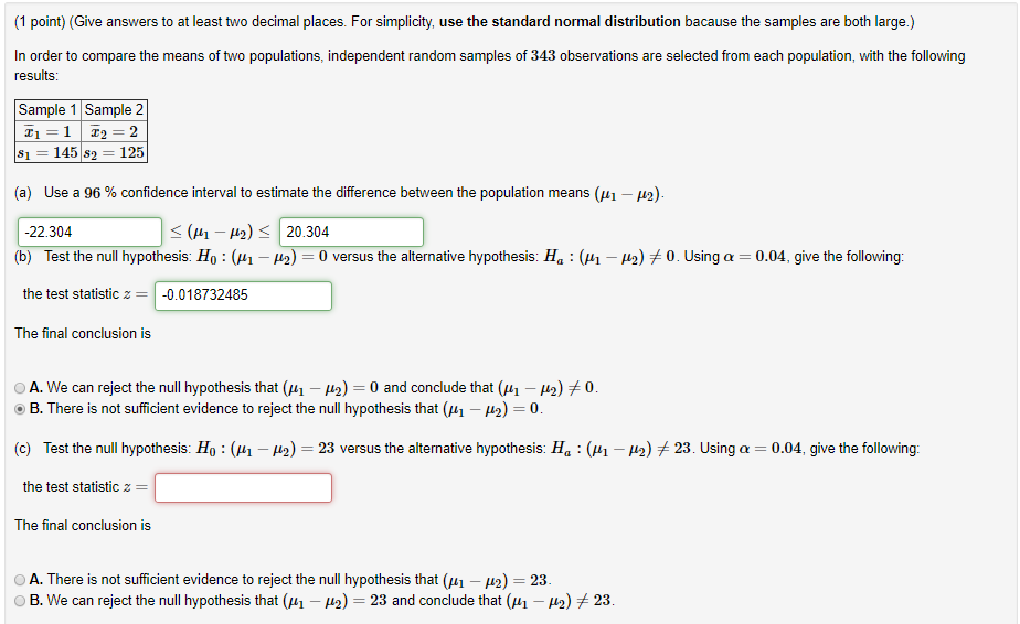 Solved est the null hypothesis: H0:(μ1−μ2)=23 versus the | Chegg.com