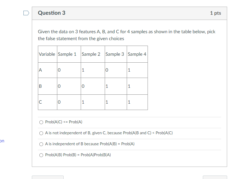 Solved Question 3 1 pts Given the data on 3 features A, B, | Chegg.com