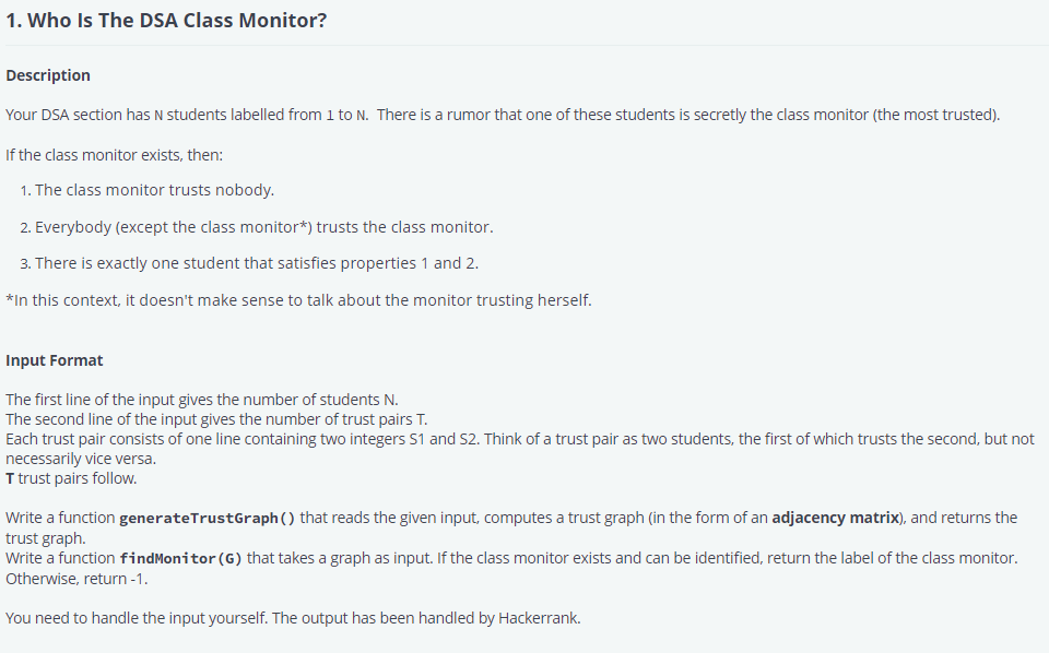 Solved 1. Who Is The DSA Class Monitor? Description Your DSA | Chegg.com