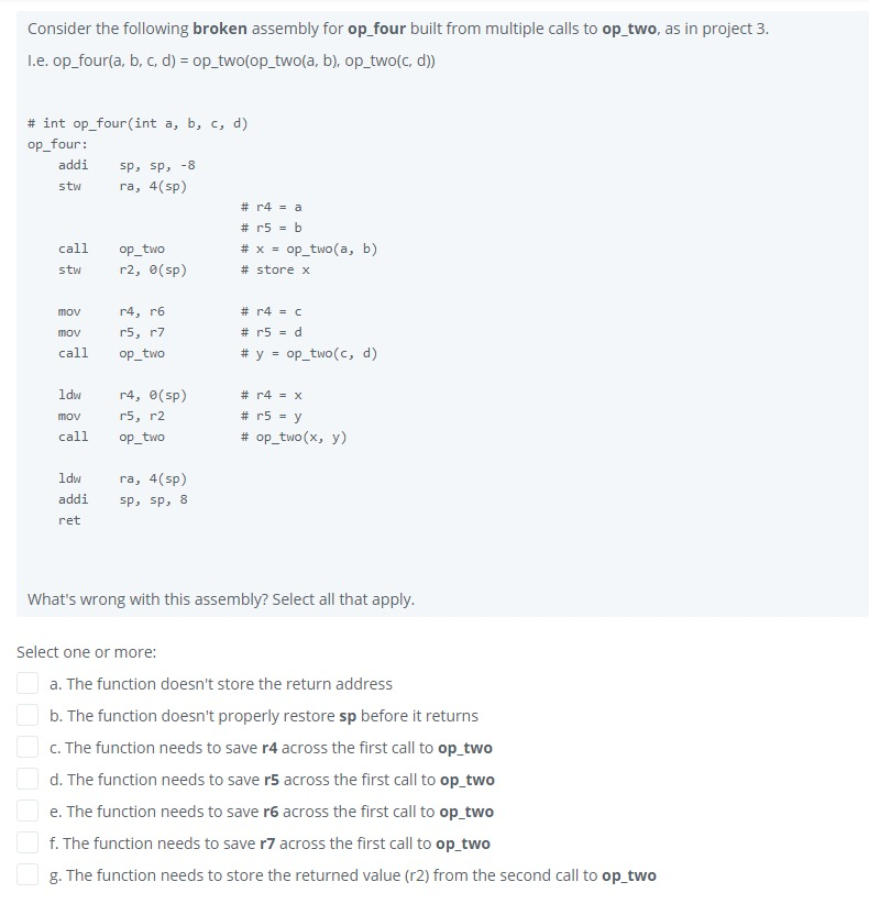 Consider The Following Broken Assembly For Op Four Chegg Com