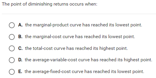 Solved The point of diminishing returns occurs when: O A. | Chegg.com