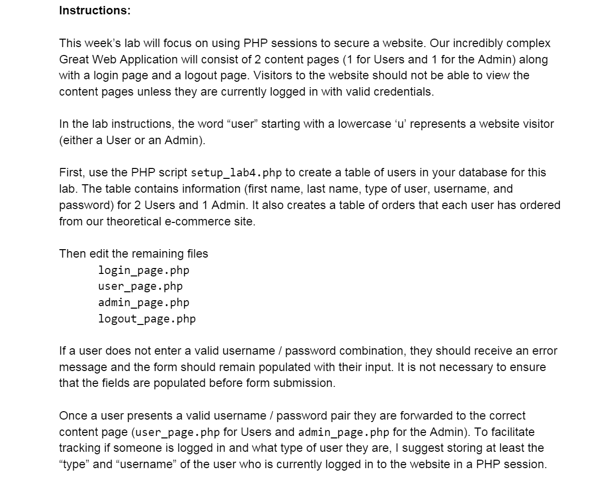 Instructions: This week's lab will focus on using PHP | Chegg.com