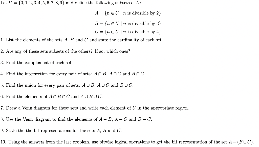 Solved Let U = {0, 1, 2, 3, 4, 5, 6, 7, 8, 9} And Define The | Chegg.com