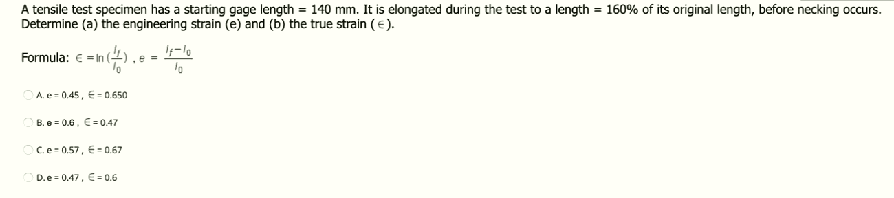 Solved A tensile test specimen has a starting gage length = | Chegg.com