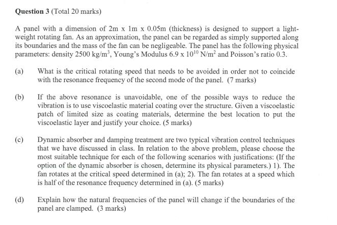 Solved Question 3 (Total 20 ﻿marks) ﻿A panel with a | Chegg.com