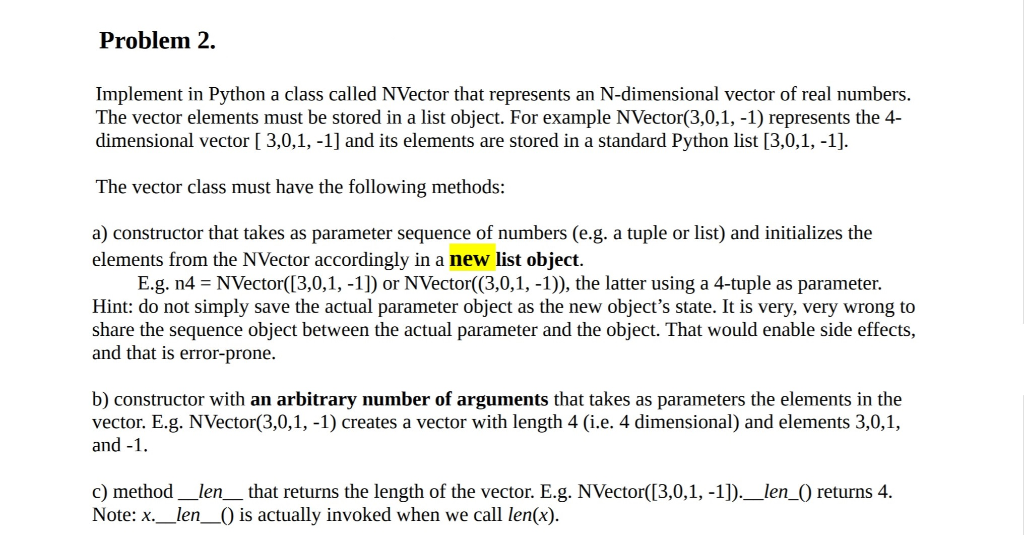 Problem 2. Implement in Python a class called NVector | Chegg.com