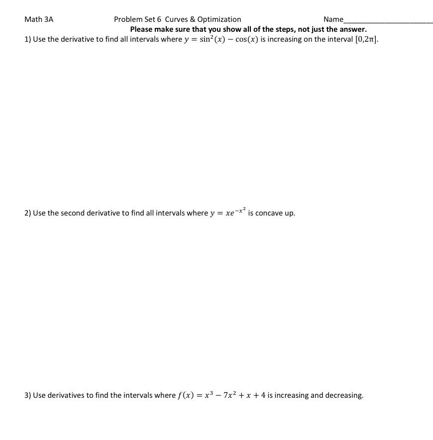Solved Math 3A Problem Set 6 Curves \& Optimization Name | Chegg.com