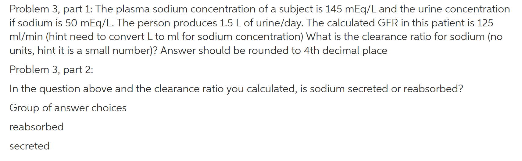 Problem 3, part 1: The plasma sodium concentration of | Chegg.com